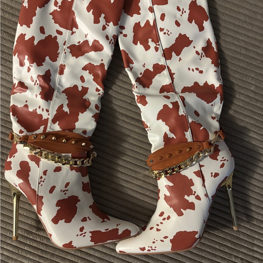 Brown and White Cow Print Women's Boots